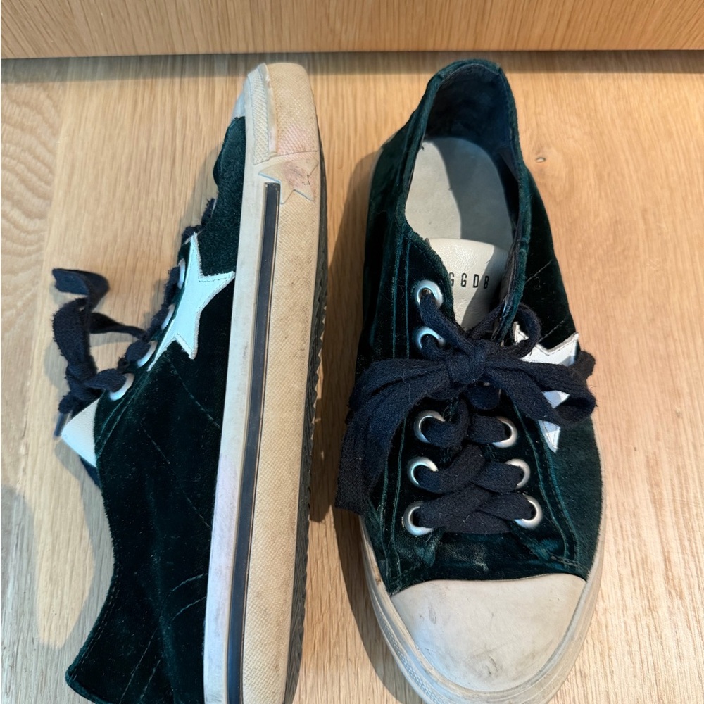 Golden Goose Green Velvet Sneakers with White Star